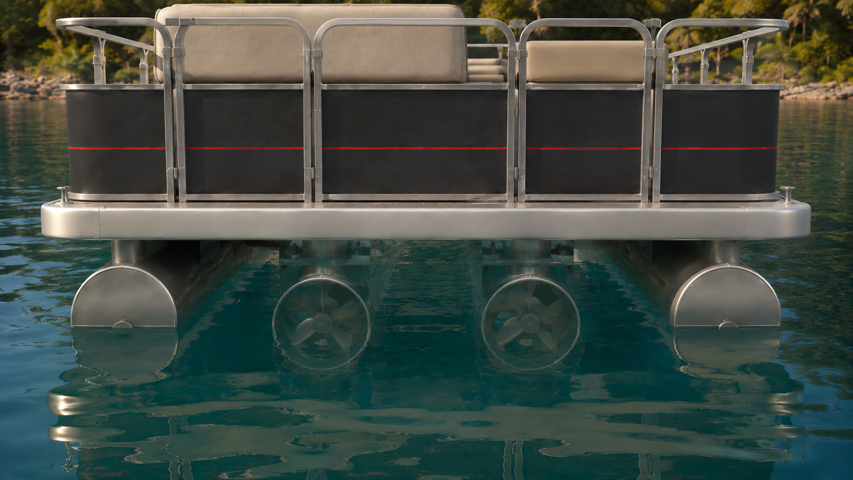 Twin grey podded propeller systems installed beneath a modern pontoon vessel