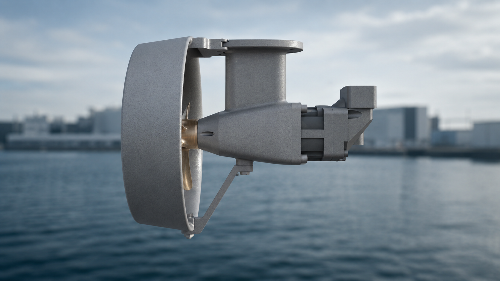 Grey podded propeller system shown in a clean marine product setting