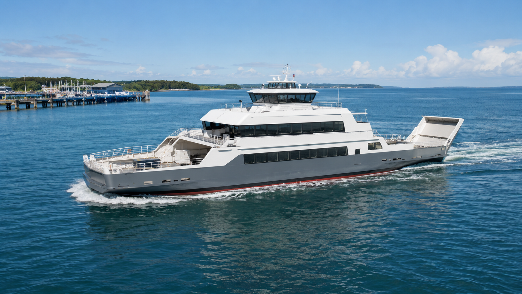 Vehicle and passenger ferry operating on a calm coastal route with its propulsion system integrated below the waterline